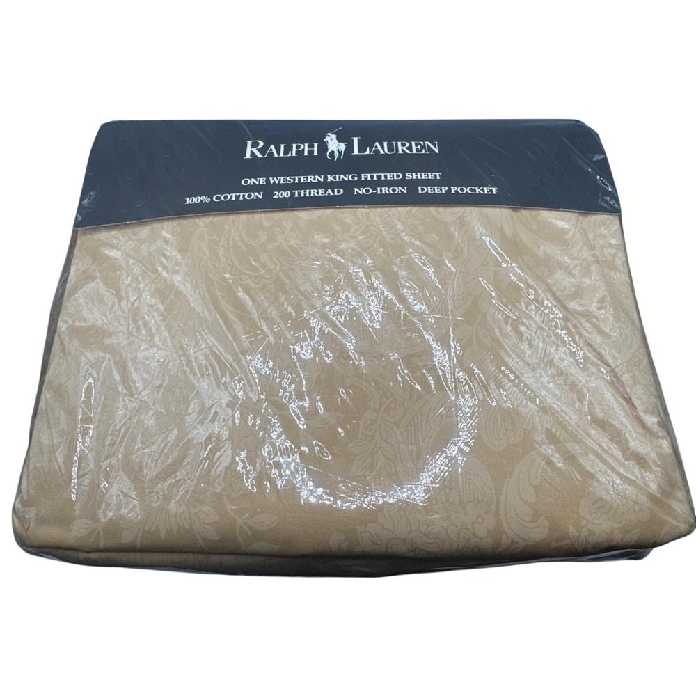 Ralph Lauren Avery Cafe Western King Fitted Sheet Tan Damask Floral 200TC Cotton